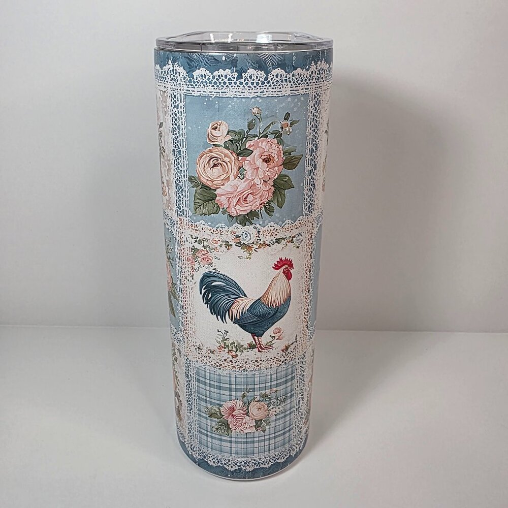 Farmhouse Rooster Floral 20 oz Skinny Tumbler | Cottagecore Vintage Lace - Picture 3 of 9